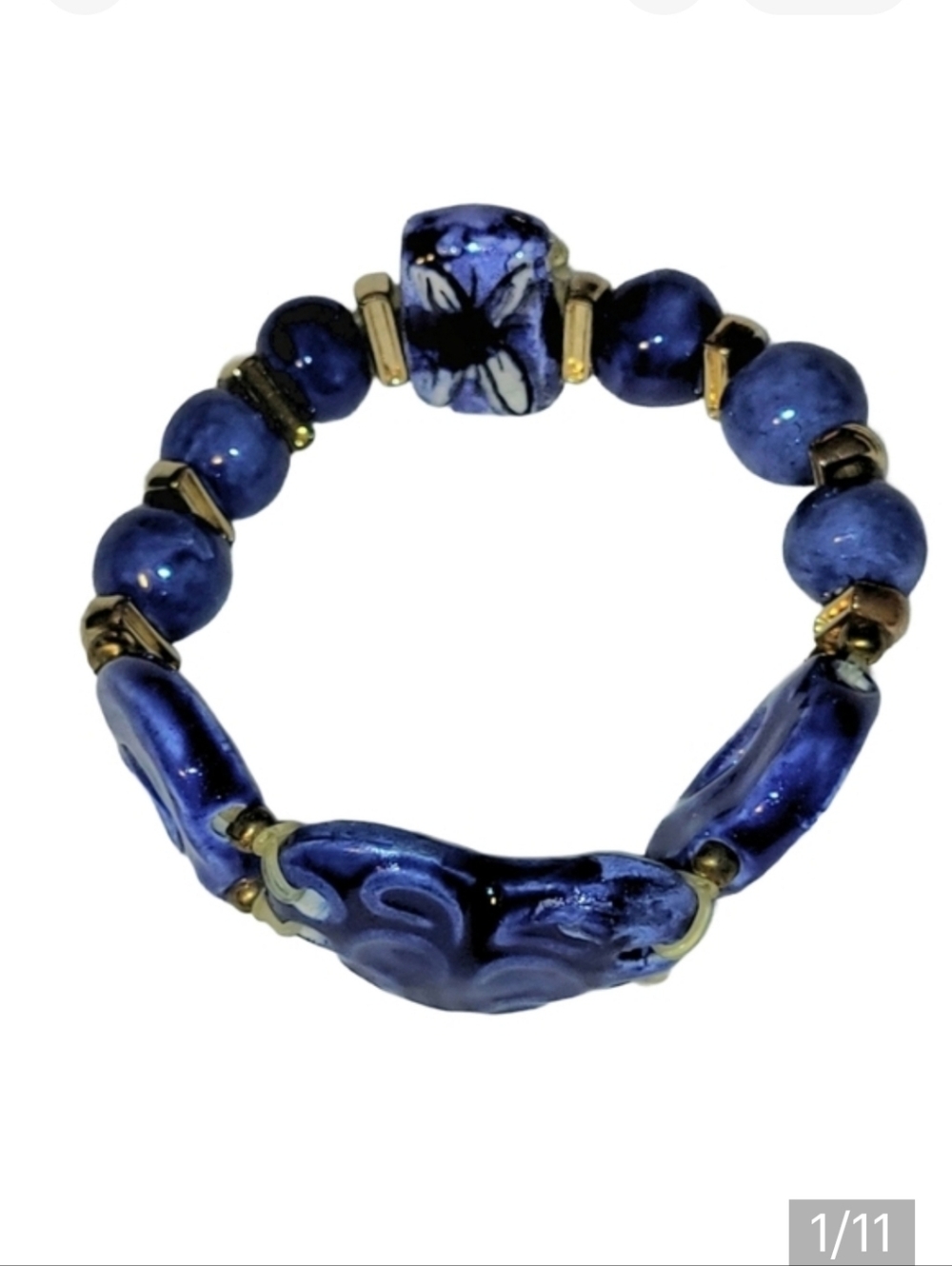 Hand Crafted Blue Ceramic And Gold Bead Heart Bracelet For Small Hands/Wrists